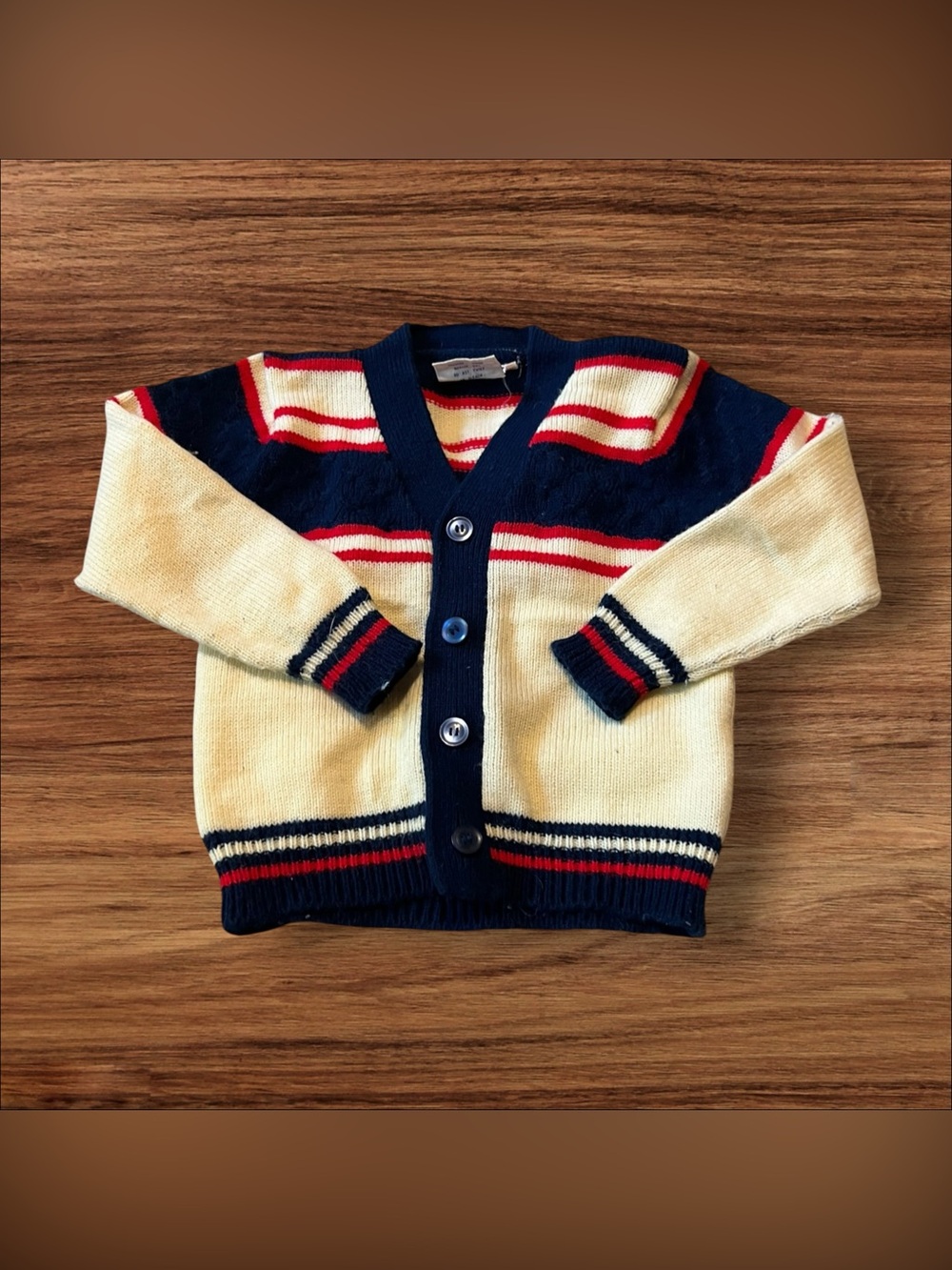 ☑️ Vintage Universal Striped Acrylic Cardigan Sweater Red Navy Cream Kids 4T